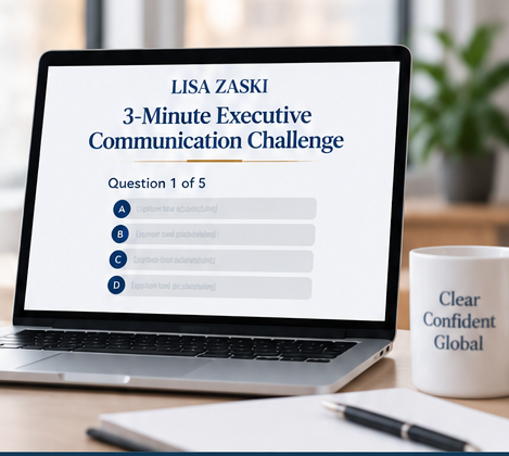 Laptop displaying the 3-Minute Executive Communication Challenge on a professional desk.